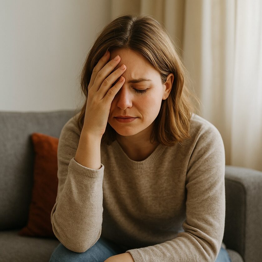 A woman sits on a couch with her eyes closed and her hand on her forehead, appearing stressed or upset. She wears a beige sweater and is indoors, with neutral-toned furniture and curtains in the background.