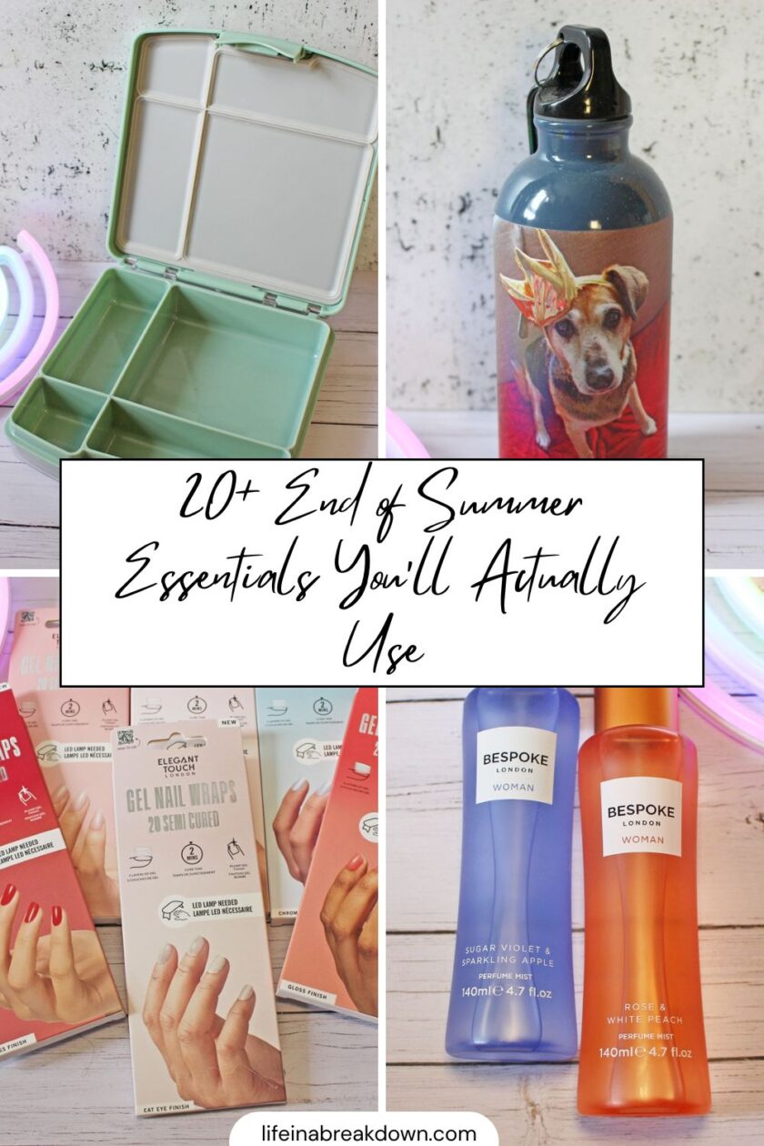 A collage showing a green lunchbox, a water bottle with a dog wearing a flower crown, nail wrap kits, and two bottles of Bespoke Woman body mist, with text: 20+ End of Summer Essentials You'll Actually Use.