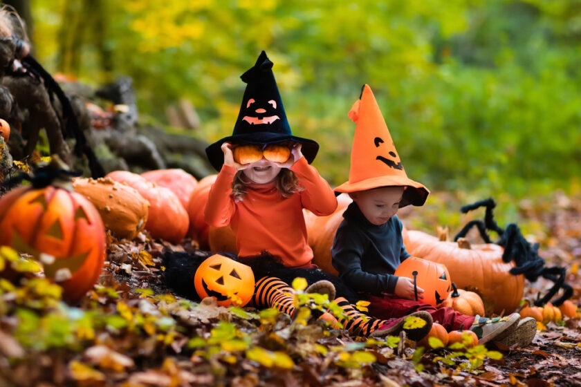 Two children in Halloween costumes sit among pumpkins and autumn leaves outdoors. One child wears a black hat and holds small pumpkins over their eyes; the other wears an orange hat. Both are surrounded by jack-o’-lanterns and decorations.