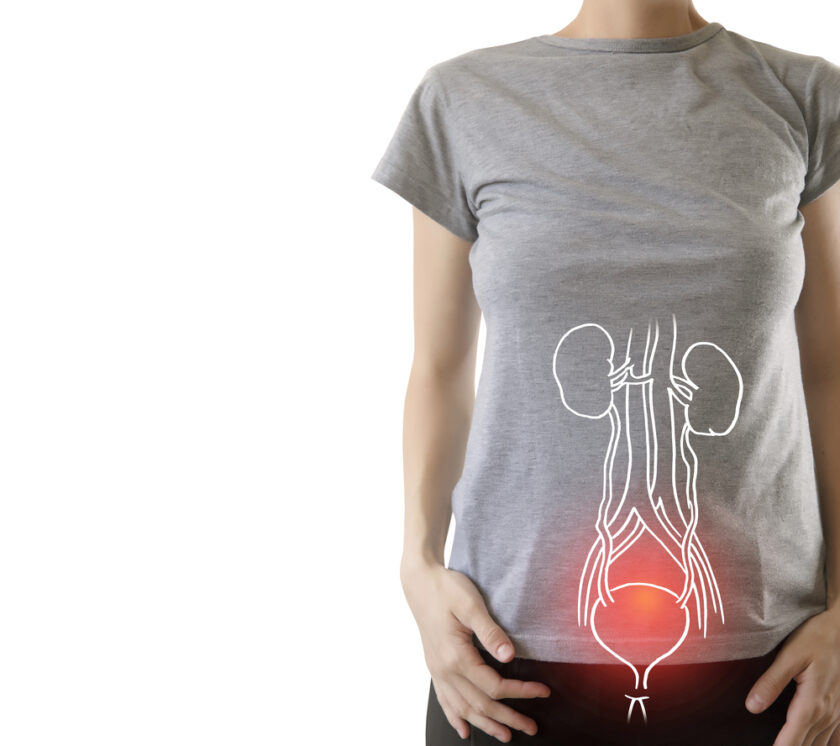 A person wearing a grey shirt stands with a diagram of the urinary system, including kidneys, ureters, and bladder, superimposed on their lower torso. The bladder area is highlighted with a red glow, indicating pain or infection.