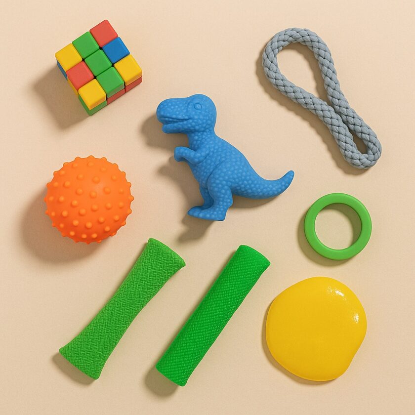 A collection of sensory toys on a beige background, including a Rubik's cube, orange spiky ball, blue dinosaur, grey rope, green ring, two green textured tubes, and a yellow putty-like blob.