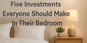 Text over a cozy bedroom scene with a bed, white bedding, a wooden nightstand holding a potted plant, and a lit lamp. The text reads: Five Investments Everyone Should Make In Their Bedroom.