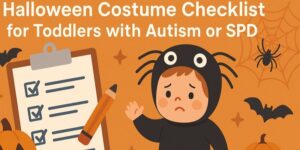 Illustration of a worried toddler in a spider costume beside a checklist and a large pencil. The background is orange with bats, pumpkins, and spider webs. Text reads: “Halloween Costume Checklist for Toddlers with Autism or SPD.”.