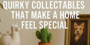 A decorative scene with a white ceramic llama, a green cactus in a pot, and a framed portrait of a dog in a suit. Overlaid text reads: QUIRKY COLLECTABLES THAT MAKE A HOME FEEL SPECIAL.
