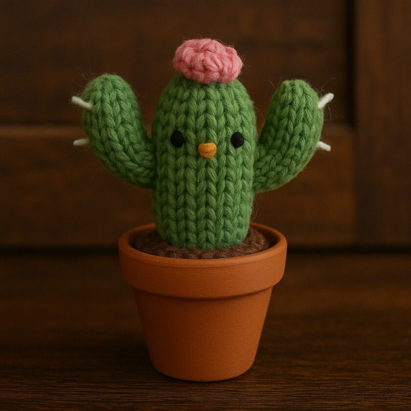 A small crocheted cactus with a pink flower on top, black eyes, a yellow beak, and white spines, sits in a brown clay pot against a wooden background.