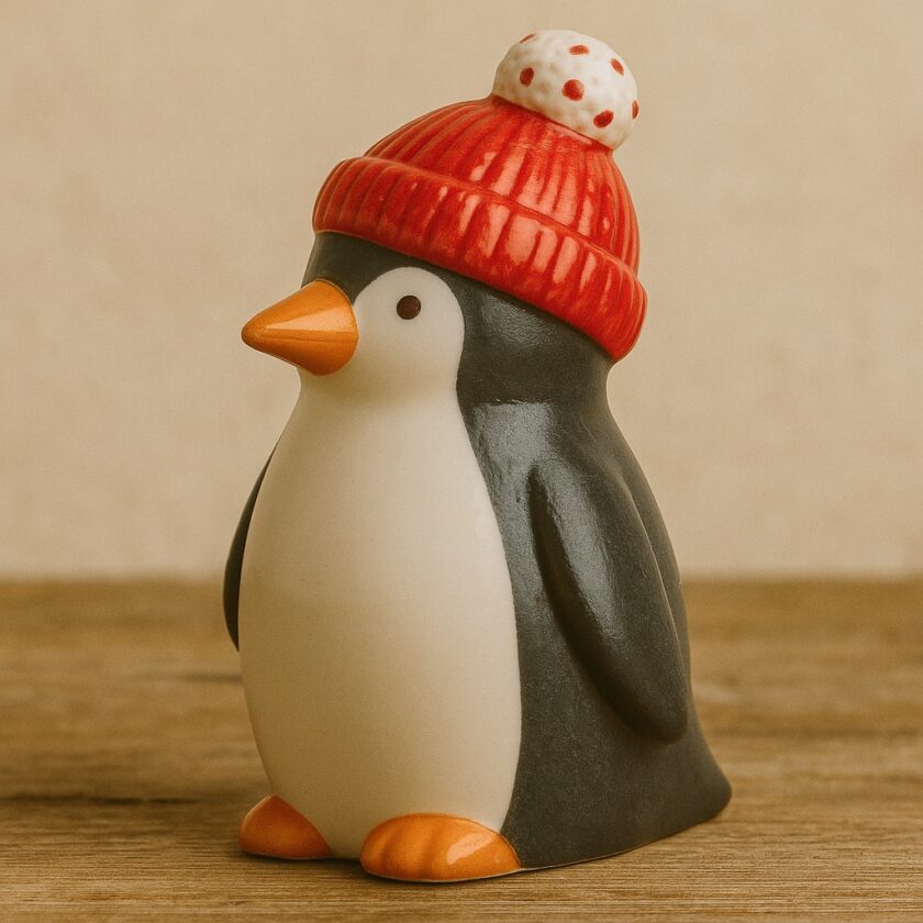 A small ceramic penguin figurine with a red knitted hat featuring a white pom-pom, standing on a wooden surface with a neutral background.