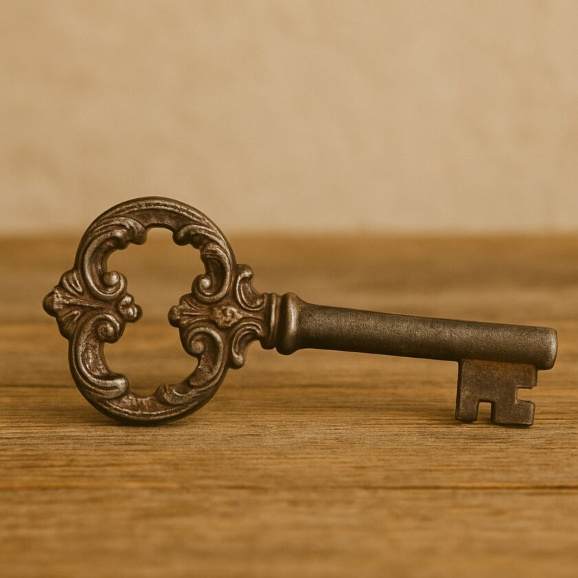 An ornate, antique metal key with an intricate bow design rests on a wooden surface against a neutral, softly blurred background.