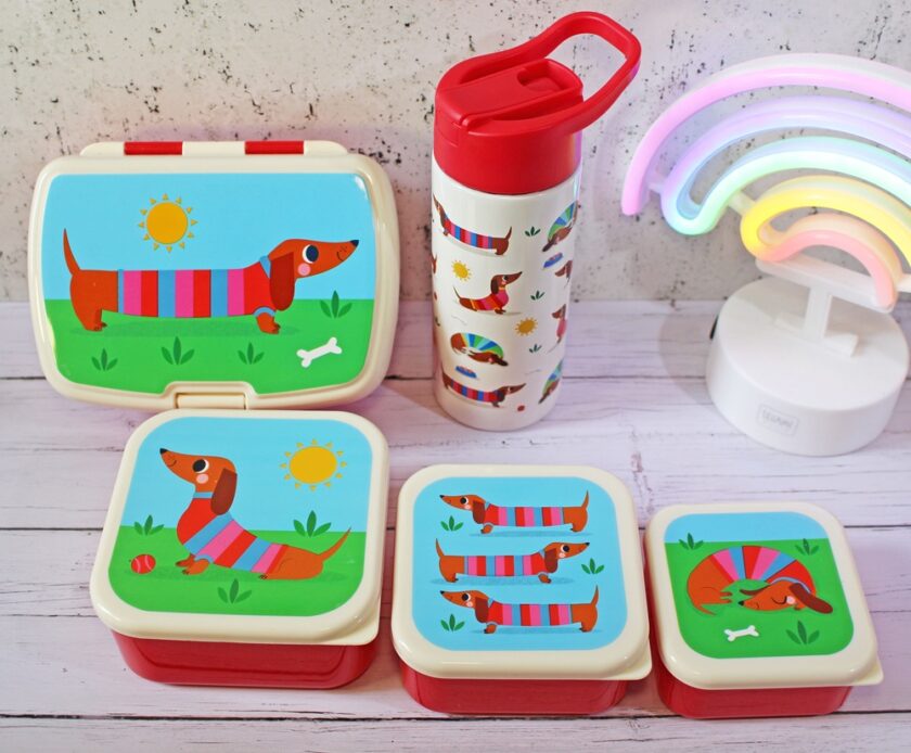 Four colourful lunch boxes and a water bottle, all decorated with cartoon dachshunds in striped jumpers, are arranged on a white wooden surface next to a neon rainbow light.