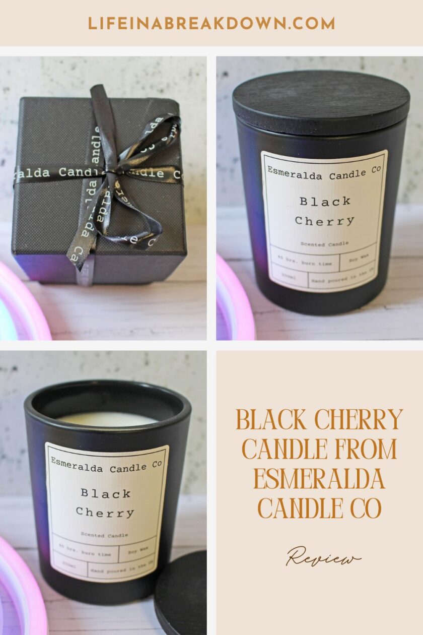 A collage shows a black cherry candle in a matte black jar with a cream label from Esmeralda Candle Co; includes a gift-wrapped box and the text Black Cherry Candle from Esmeralda Candle Co Review.