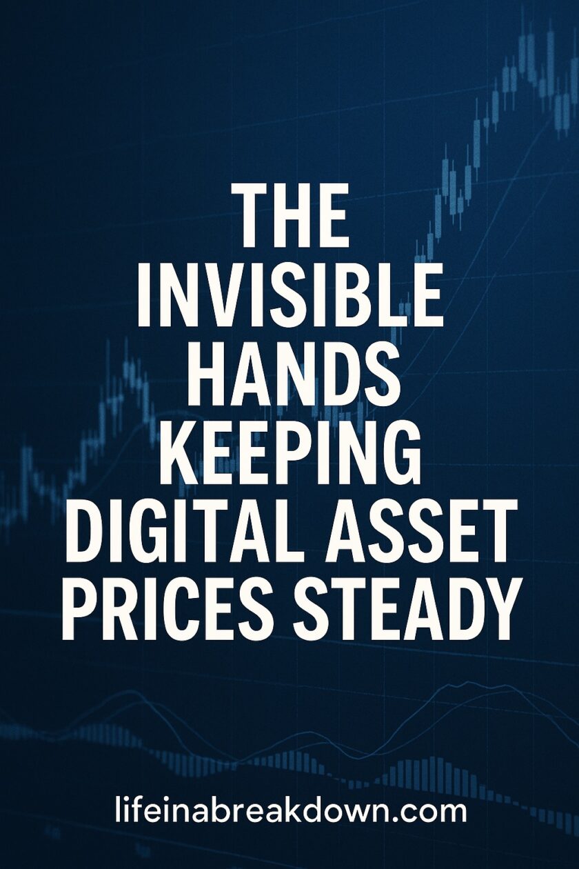 White bold text on a blue background with faint graphs reads: The invisible hands keeping digital asset prices steady. The website lifeinabreakdown.com appears at the bottom.