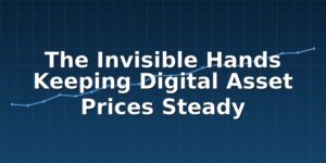 White text reading The Invisible Hands Keeping Digital Asset Prices Steady overlays a blue grid background with a faint upward trending line graph.