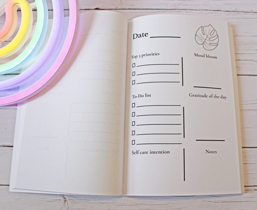 An open diary with sections for date, top three priorities, to-do list, self-care intention, mood, gratitude of the day, and notes. A pastel light is partially visible on the left. The page is blank.