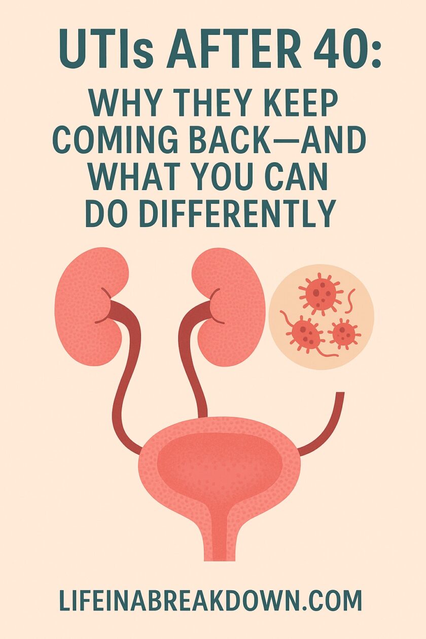 Illustration of kidneys, ureters, bladder, and bacteria, with text: UTIs AFTER 40: Why they keep coming back—and what you can do differently. Website lifeinabreakdown.com at the bottom.