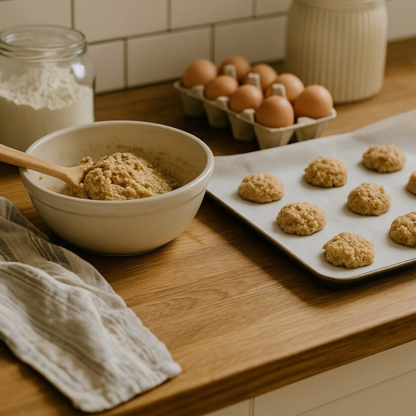 A bowl of biscuit dough with a wooden spoon sits on a wooden counter next to a baking tray with unbaked biscuits, a carton of eggs, a jar of flour, and a striped kitchen towel.