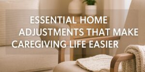A cosy living room with a beige armchair and knitted blanket in the foreground, soft lighting, and the text: Essential Home Adjustments That Make Caregiving Life Easier.