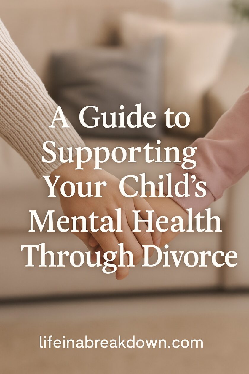 Two people holding hands, one adult and one child, with the text A Guide to Supporting Your Child’s Mental Health Through Divorce and lifeinabreakdown.com overlaid on the image. A sofa is blurred in the background.