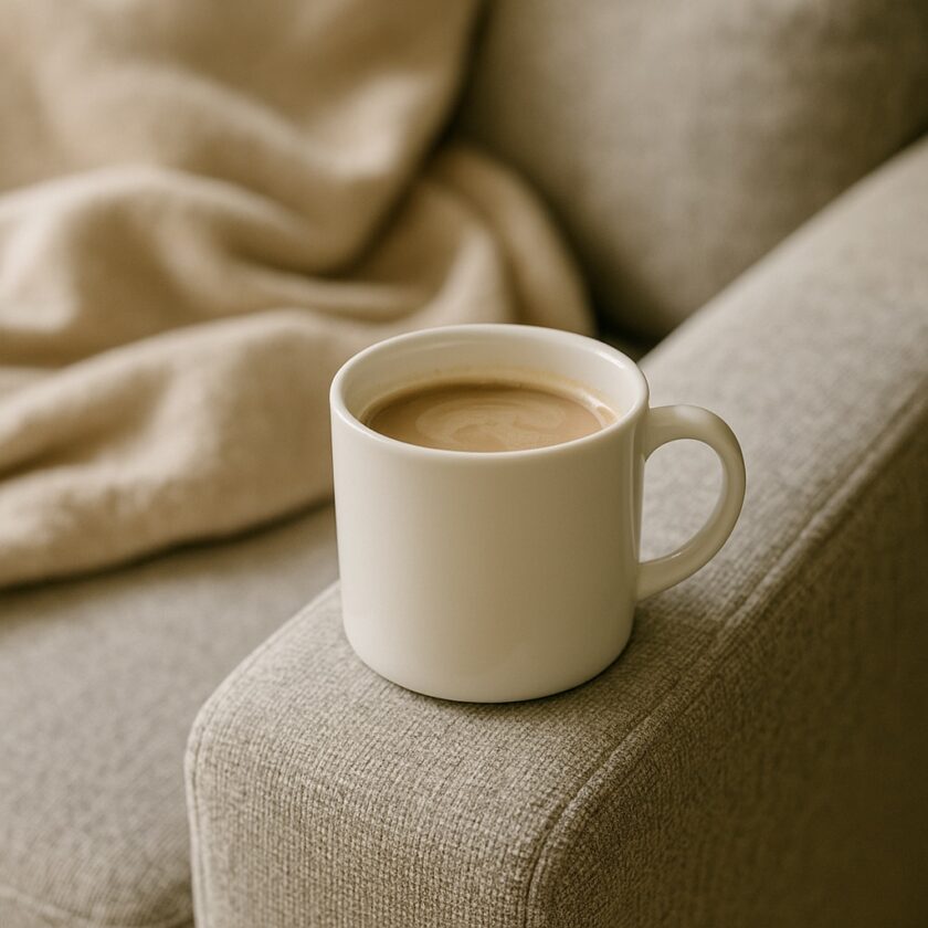 A white ceramic mug filled with coffee rests on the arm of a beige fabric sofa, with a soft beige blanket draped in the background.