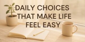 An open notebook with a pen, a potted plant, and a mug are on a sunlit table by a window. Overlaid text reads, Daily choices that make life feel easy.