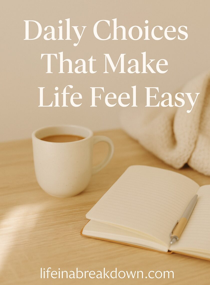 A beige mug, an open notebook with a pen, and a cosy blanket on a wooden table. Overlay text reads: “Daily Choices That Make Life Feel Easy. lifeinabreakdown.com”.