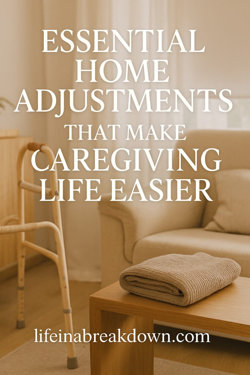 A cosy living room with a beige armchair, a wooden coffee table holding folded towels, and a walking frame beside the chair. Overlaid text reads: Essential Home Adjustments That Make Caregiving Life Easier, lifeinabreakdown.com.