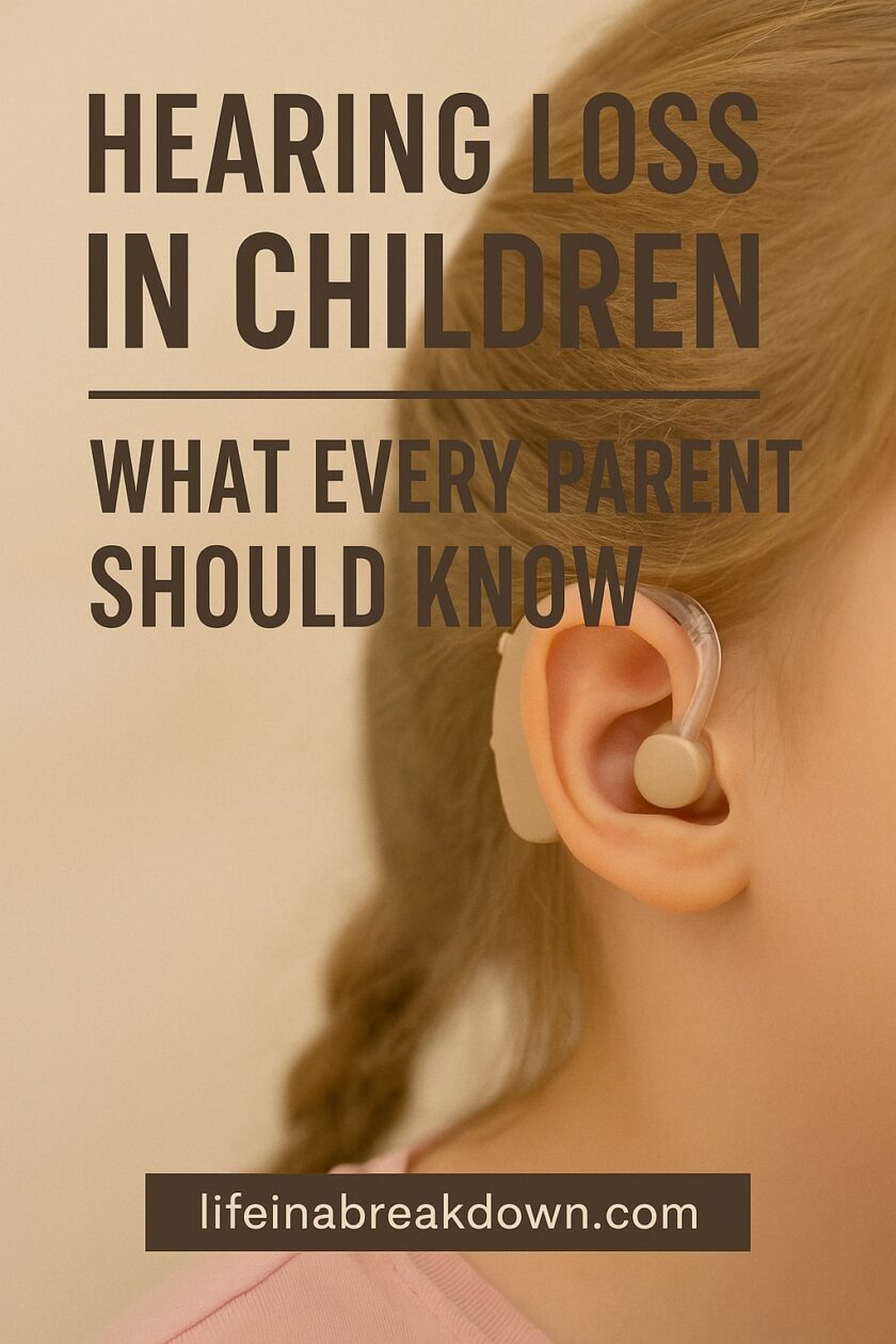 A young girl with a hearing aid behind her ear. Text reads: Hearing Loss in Children – What Every Parent Should Know. At the bottom, a website: lifeinabreakdown.com.