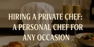 A chef’s hat, two glasses of champagne, and plates of gourmet food are arranged on a table. Text over the image reads: Hiring a Private Chef: A Personal Chef for Any Occasion.