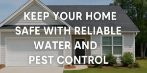 Single-storey suburban house with white cladding, a garage, and neatly trimmed shrubs. Overlaid text reads: “Keep your home safe with reliable water and pest control.”.