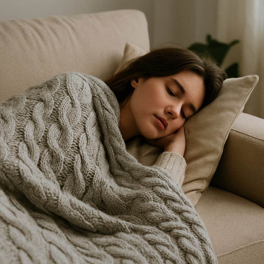 A young woman with long brown hair sleeps on a beige sofa, resting her head on a pillow and covered with a chunky, light grey knitted blanket. Soft natural light fills the cosy room.