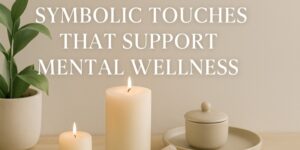 A serene scene with lit candles, a potted plant, and a lidded bowl on a light surface. The text reads, Symbolic touches that support mental wellbeing in large white letters.