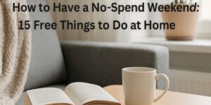 A coffee mug and an open book sit on a table next to a cosy blanket, with text overlay: “How to Have a No-Spend Weekend: 15 Free Things to Do at Home.” A window and potted plant are in the background.
