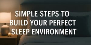 A softly lit bedroom with a neatly made bed, pillows, and a lamp on a bedside table. Overlaid text reads: Simple steps to build your perfect sleep environment.