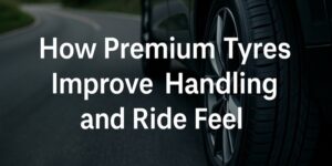 A close-up of a car tyre on a curved road with the text How Premium Tyres Improve Handling and Ride Feel displayed over the image.