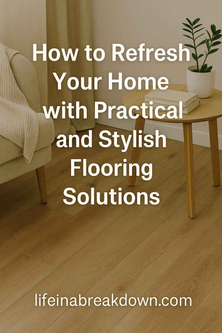 A cosy living room corner with a beige armchair, a small round wooden table holding books, and light wood flooring. Overlaid text reads: How to Refresh Your Home with Practical and Stylish Flooring Solutions. lifeinabreakdown.com.