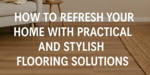 Text over a room with wooden flooring, a beige sofa, a small plant on a wooden stand, and a woven rug reads: How to refresh your home with practical and stylish flooring solutions.