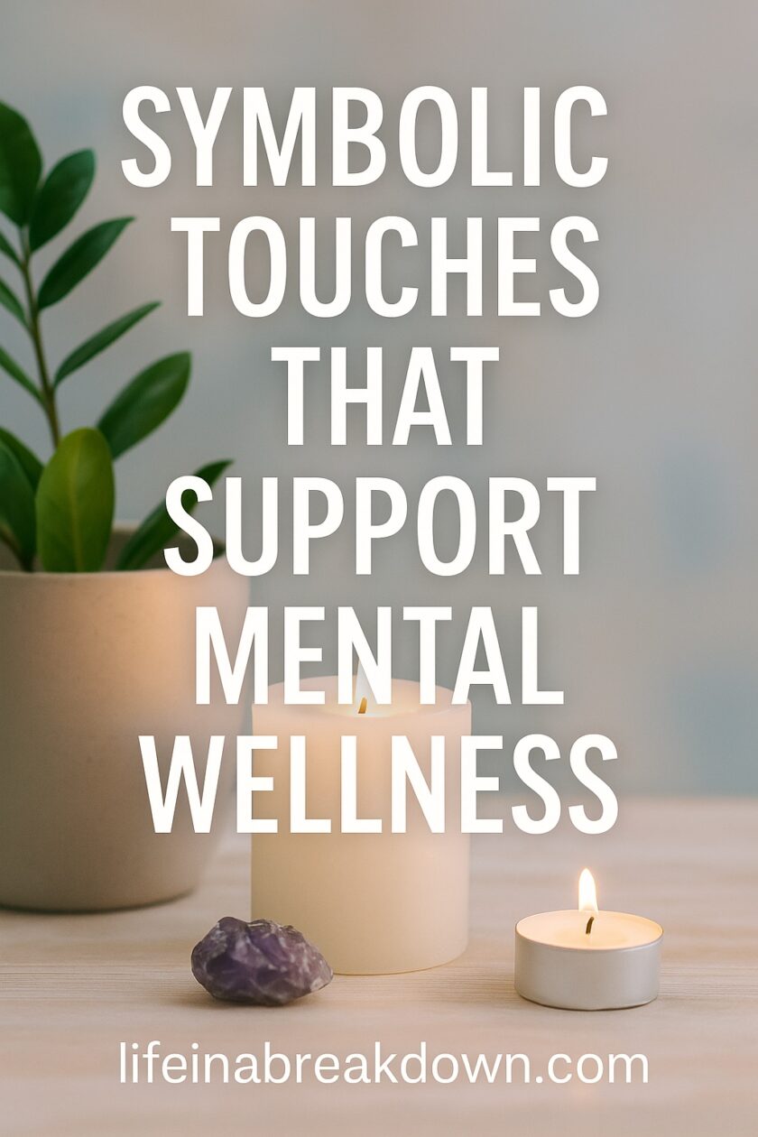 A potted plant, two lit candles, and a small crystal are arranged on a table. Overlaid text reads: Symbolic touches that support mental wellbeing. lifeinabreakdown.com.