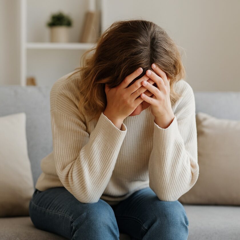 A person sitting on a sofa with their head in their hands, appearing stressed or upset. They are wearing a cream jumper and blue jeans in a softly lit, neutral-coloured room.