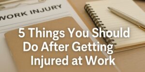 A folder labelled WORK INJURY, a notebook, a pen, and another file are on a desk. Overlaid text reads: 5 Things You Should Do After Getting Injured at Work.