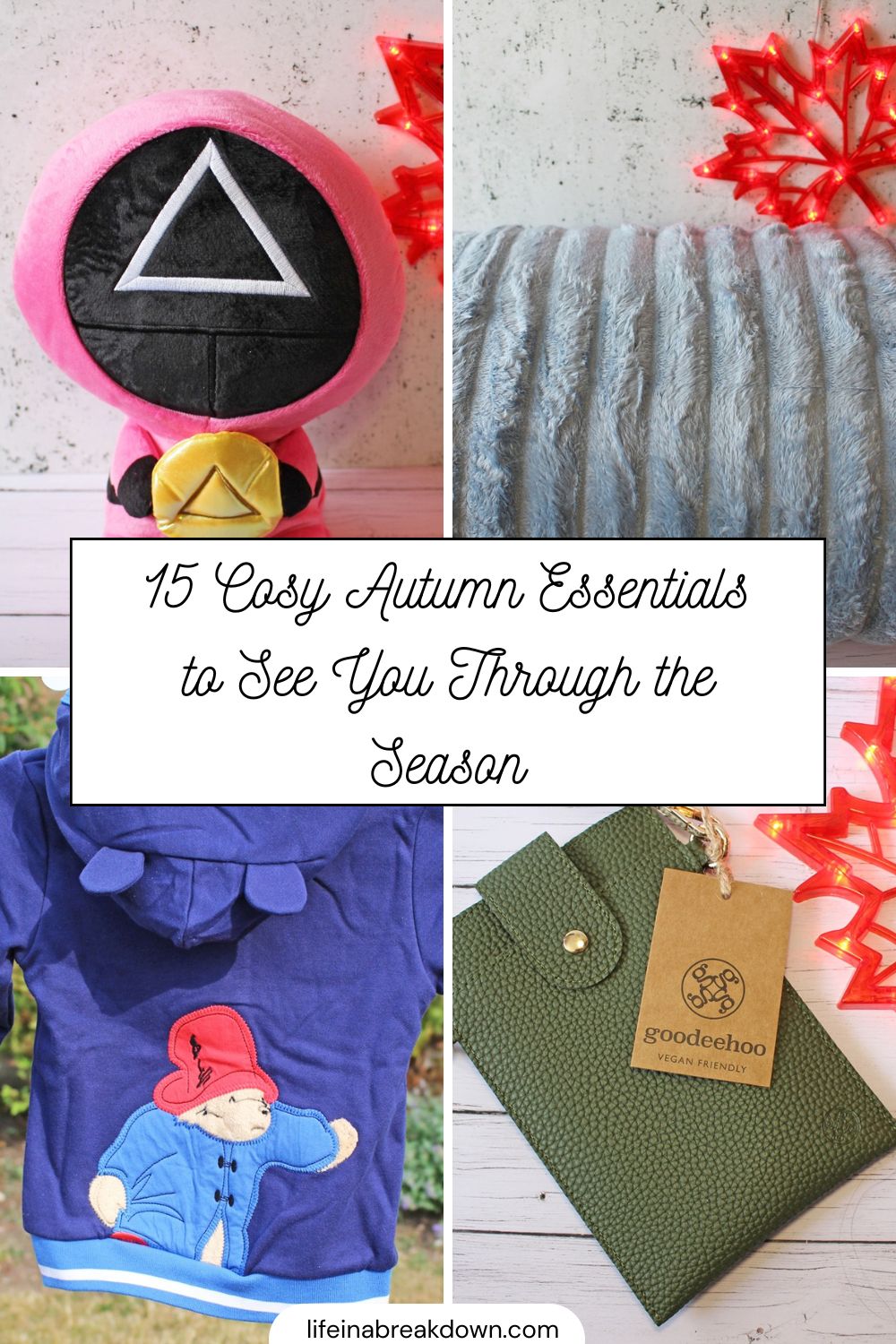 A collage of autumn essentials: a pink and black plush toy, a soft grey-blue blanket, a blue hoodie with Paddington Bear, and a green textured wallet, with autumn leaves and a sign reading “15 Cosy Autumn Essentials to See You Through the Season”.