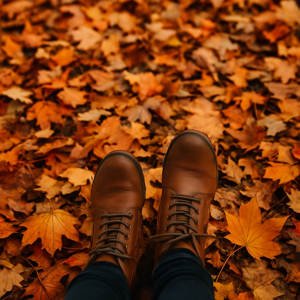 A pair of brown boots on a person’s feet standing among scattered, colourful autumn leaves on the ground. The scene captures a cosy, autumn atmosphere.