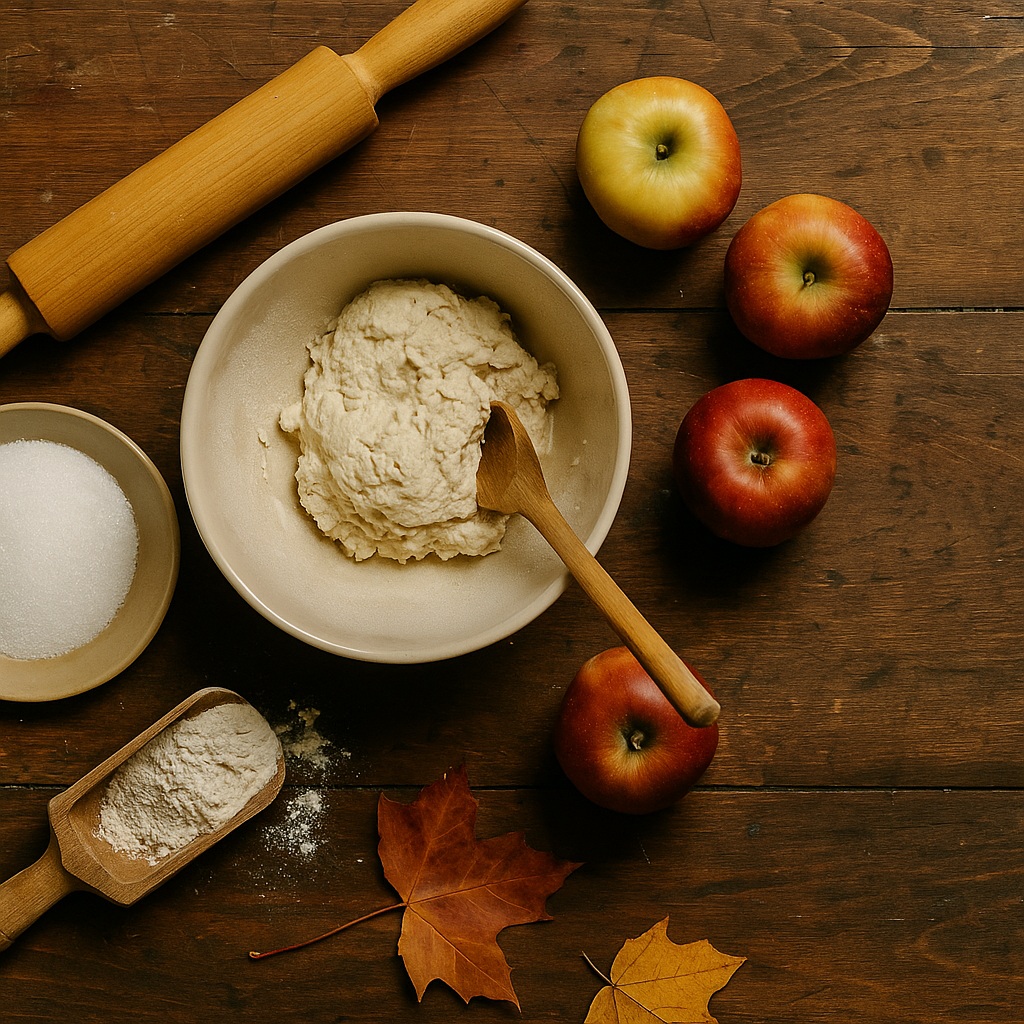 A wooden table with a bowl of dough and a wooden spoon, surrounded by apples, a bowl of sugar, a scoop of flour, a rolling pin, and autumn leaves.