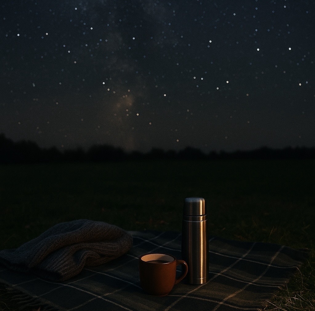 A warm drink in a mug and a flask sit on a checked blanket beside a cosy knitted scarf, with a star-filled night sky and silhouetted trees in the background.