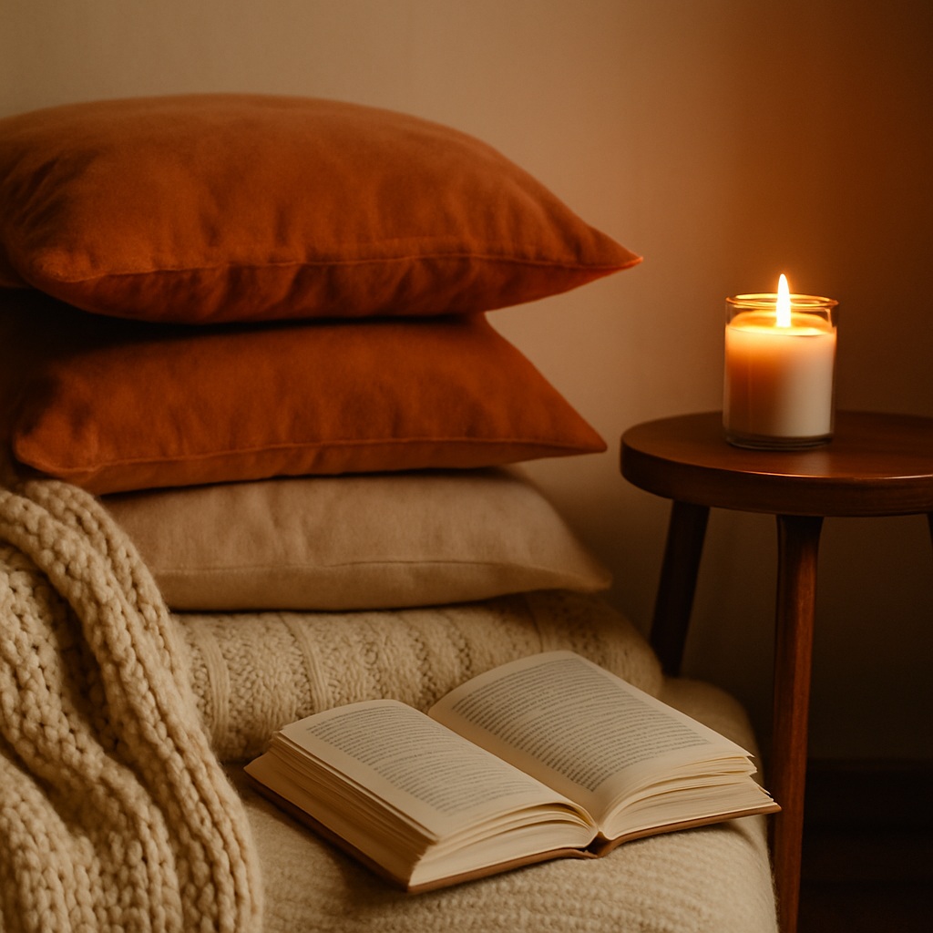 A cosy scene with an open book on a knitted blanket, two stacked orange and beige cushions, and a lit candle on a wooden side table, creating a warm and inviting atmosphere.