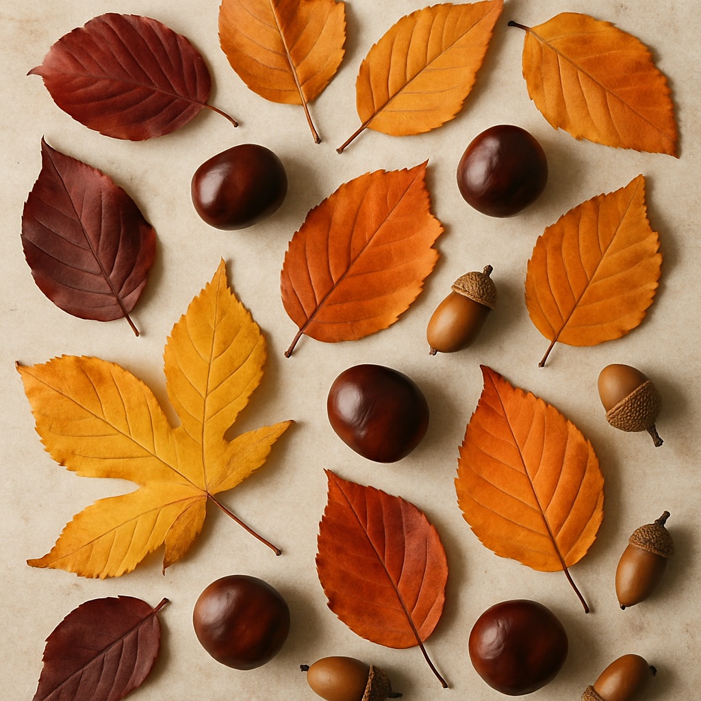 Autumn leaves in shades of red, orange, and yellow are arranged with brown conkers and acorns on a light beige background in a symmetrical pattern.