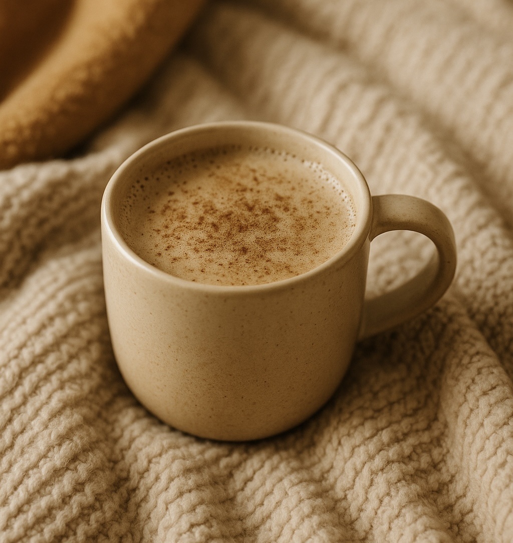 A beige ceramic mug filled with frothy coffee or latte sits on a textured, cream-coloured knitted blanket, creating a warm and cosy atmosphere.