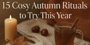 A lit candle, a brown knitted blanket, two conkers, a dry autumn leaf, and a glass mug of tea with a cinnamon stick, with the text 15 Cosy Autumn Rituals to Try This Year above the items.