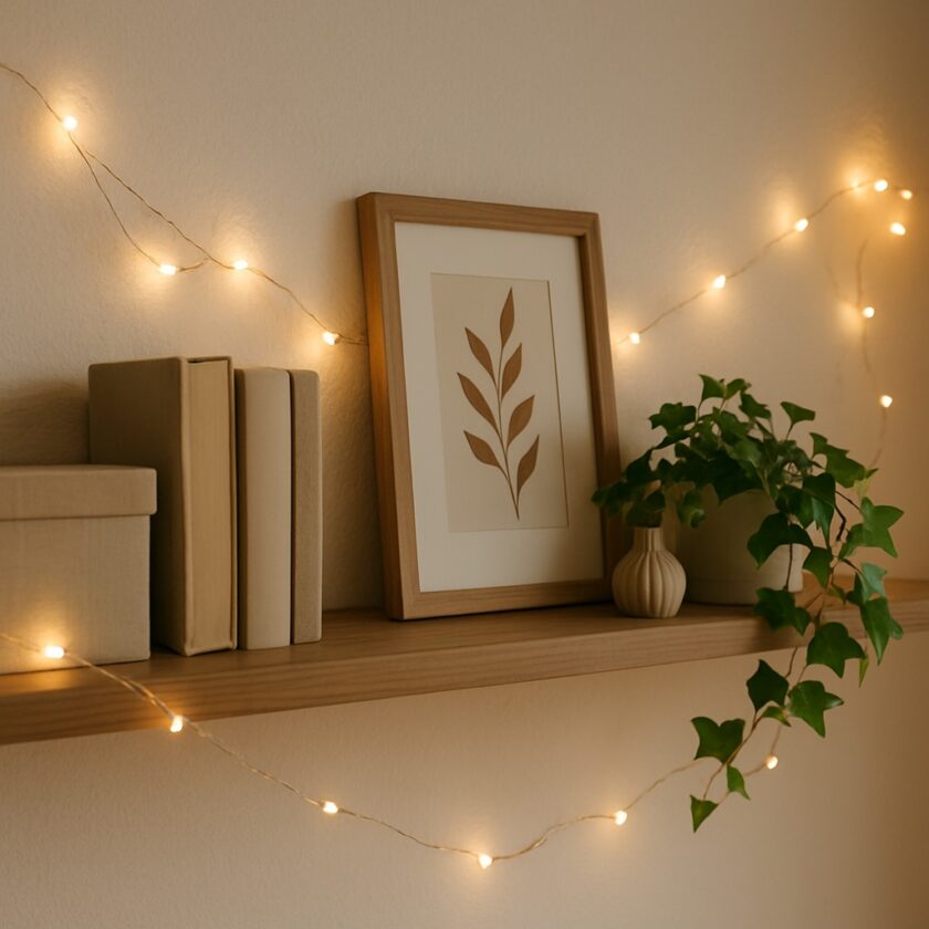 A wooden shelf decorated with books, a framed botanical print, a small potted plant, and a string of warm fairy lights draped around the display, creating a cosy and inviting atmosphere.