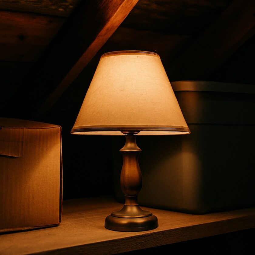 A lit table lamp with a beige shade sits on a wooden shelf between a cardboard box and a grey plastic container in a dimly lit room.