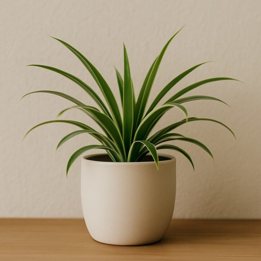 A green spider plant with long, arching leaves grows in a simple, off-white ceramic pot placed on a wooden surface against a plain beige wall.