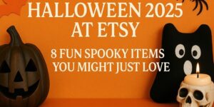 Orange Halloween-themed background with a jack-o'-lantern, a black cushion with white eyes, a lit candle in a skull holder, and text: HALLOWEEN 2025 AT ETSY: 8 FUN SPOOKY ITEMS YOU MIGHT JUST LOVE.