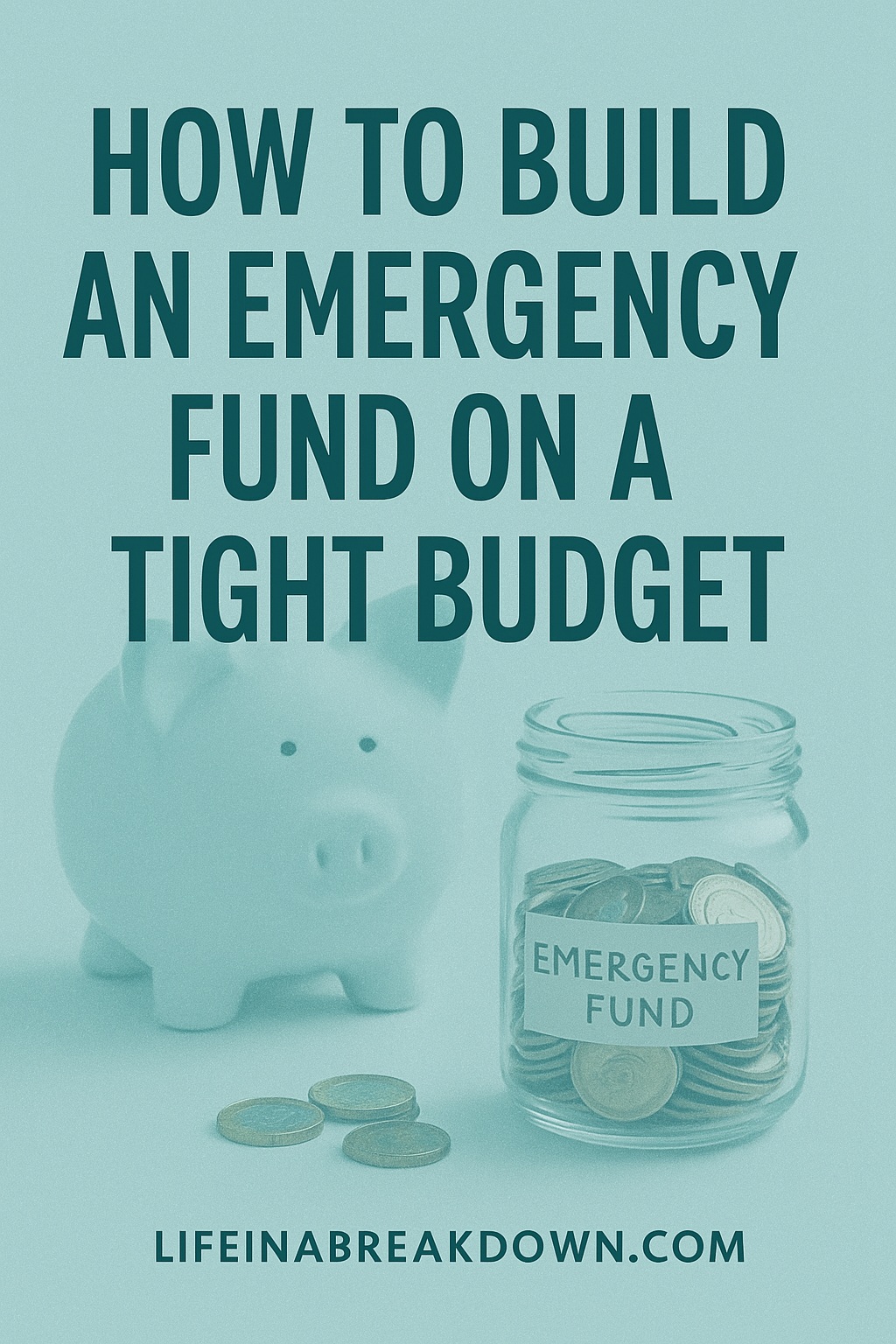 A piggy bank and a jar labelled Emergency Fund filled with coins are on a surface, with the text How to Build an Emergency Fund on a Tight Budget above them. Website lifeinabreakdown.com appears at the bottom.